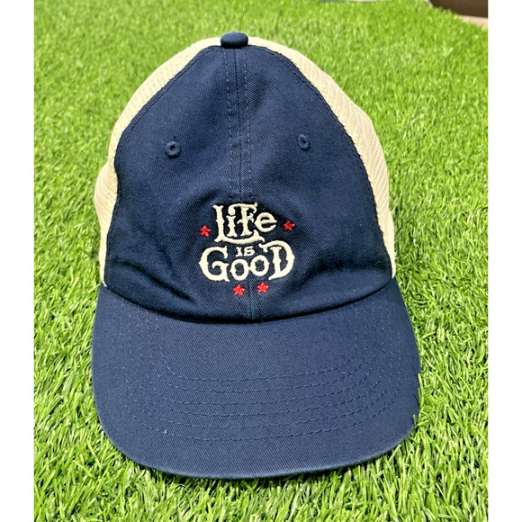 Life is Good SnapBack Mesh Trucker Hat Embroidered With Red Stars Navy Cream - Picture 1 of 8